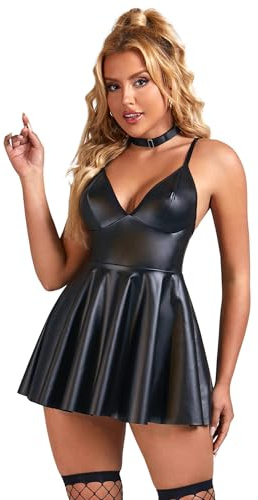 ohmydear Women's Pu Leather Lingerie Sets Sexy Plus Size Babydoll Nightwear Shiny Rave Outfits Criss Cross Backless Party Mini Dress with Choker UK 10-22