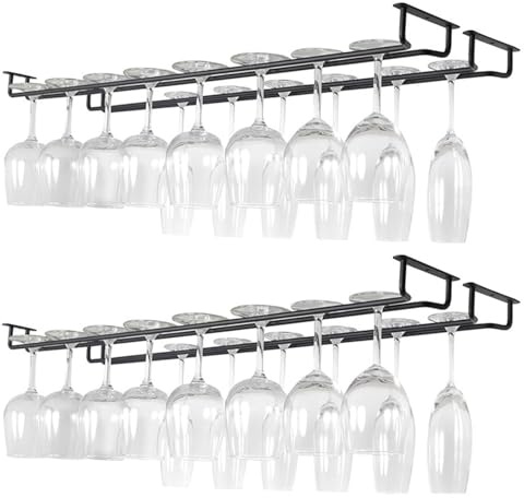 VQWQV Porta Bicchieri da Vino Nero, Portabicchieri Sospeso 40 Cm, Binario per Calici da Vino in Filo in Metallo, per Soggiorno Cucina Bar sotto L'armadio