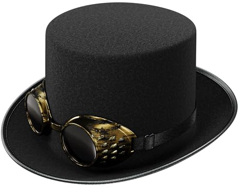 WELLGRO Steampunk Hut mit Schweißerbrille - Zylinder Hut Herren, Damen, Wizard Hat, Piratenhut, Kostüm, Mottoparty
