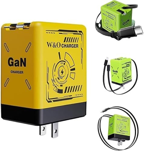 2 in 1 GaN Fast Charger 120W, Retractable Cable & Foldable Plug, Type-C Wall Plug, Compatible with Smartphone/iPhone/Laptops, Fast Charging Power Adapter (Yellow)