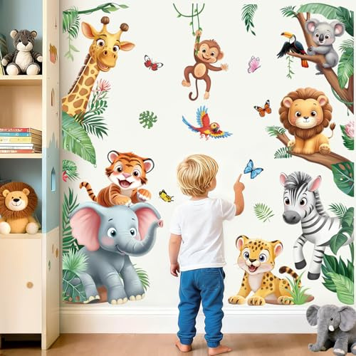 wondever Adesivi Murali Animali Giungla Foglie Verdi Adesivi Parete Savana | Sticker da Muro Autoadesivo, Stacca e Attacca, Rimovibile, Decorazioni per Asilo Nido Camerette Bambini Camera da Letto