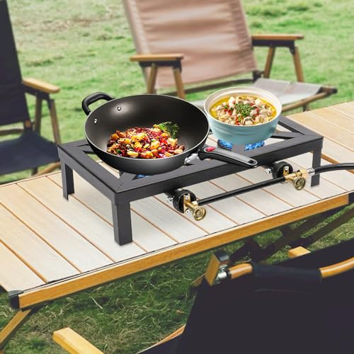 Fornello a gas a 2 fuochi per bombola a gas, portatile, in ghisa, per campeggio, esterni, con gambe in piedi, tubo e riduttore di pressione