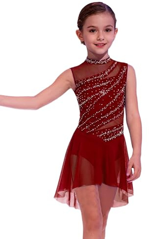 iiniim Kids Girls Lyrical Dance Dress Sleeveless Ballet Dance Skirted Leotard Sparkly Rhinestone Figure Skating Dresses Burgundy 7-8 Years