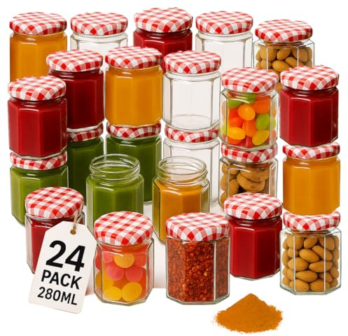 Offer Shop Jam Jars with Red Gingham Twist Top Lid & Labels - Pack of 24 Hexagonal Clear Glass Jar Containers for Candles Making | Ideal Storage for Spice and Pickle - 280ml 24 Set