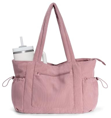 ECOHUB Bolsa Tote Bag Mujer Grande Bolsos Mujer Pana, Bolso Ordenador Portátil de 15,6 Pulgadas con Acolchado Compartimento, 8 Bolsillos, Bolso Shopper para Universidad Trabajo, Rosa