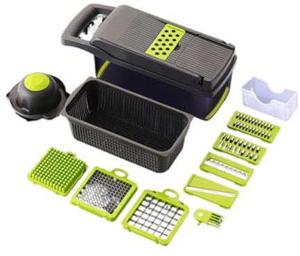 Cortador y rebanador de verduras, rallador patatas zanahorias, picador cebolla 9 en 1 con escurridor, comida frutas for cocina(Black green)