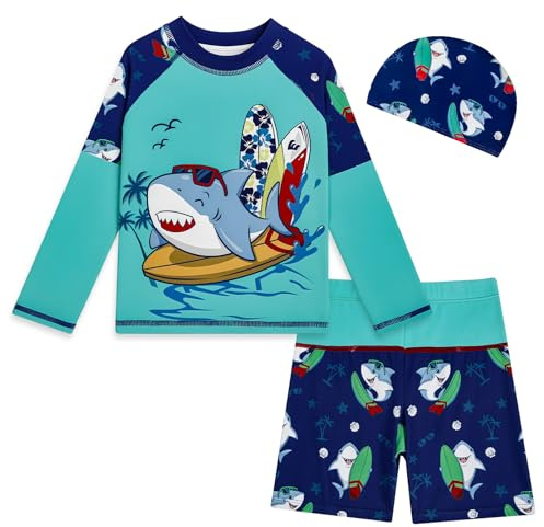 MASOCIO Bañador UV para niños UPF50+ protección solar, 3 piezas, camiseta de baño de manga larga, gorro de baño, set de baño para niños de secado rápido, talla 86-128