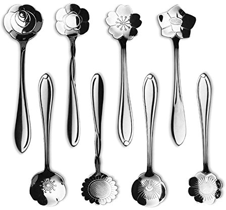 ERCENTURY Stainless Steel Tableware Flower Coffee Spoon, Tea Spoon, 8 Patterns (Silvery)