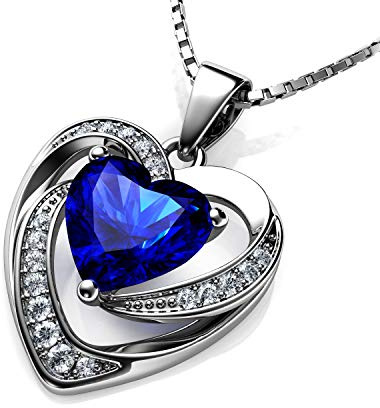 DEPHINI Crystal Heart Necklace – 925 Sterling Silver, Cubic Zirconia Pendant, Rhodium Plated Jewellery for Women (Blue)
