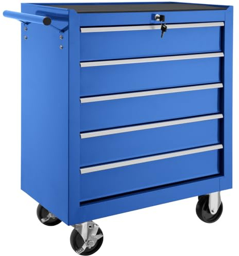 tectake® Robust Tool Cabinet on Wheels, 5 Lockable Drawers, Anti-Slip Mats, and Parking Brakes. Made from Powder-Coated Steel, a Versatile Storage Box for Tools and Equipment - blue