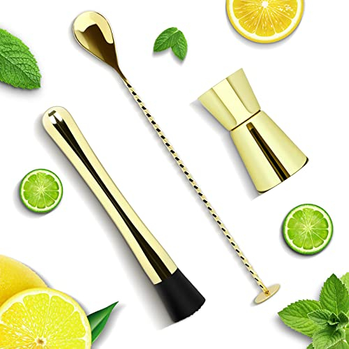 Cocktail zubehör Cocktail stößel Barlöffel-Stößel, Edelstahl, messbecher Rührlöffel mit Stampfer, Messbecher, Bar-Werkzeug, 3er-Set Mojito coktailshakerset Cocktail löffel Cocktail messbecher Gold