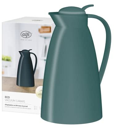 alfi Eco 1,0 l, Jarra isotérmica con inserción higiénica de Vidrio Duro de plástico, tapón de Rosca con cómodo pulsador, vertido con una Mano, Ideal como Jarra de café, Jarra de té, sin BPA