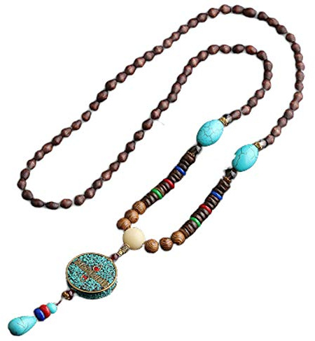 EXINOX Lange buddhistische Halskette mit Holzperlen | Ethnischer Buddha | Damen |