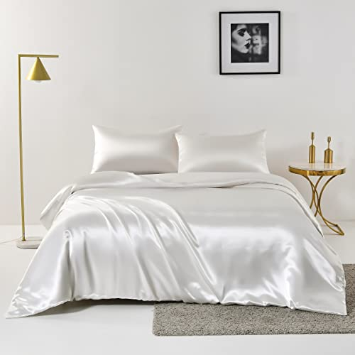Chanyuan Bettwäsche Set Glatt Satin 135x200 4teilig Weiß Einfarbig Bettbezüge mit Reißverschluss 100% Angenehm Glanzsatin Polyester - 2 Bettbezüge 135 x 200 und 2 Kissenbezüge 80x80 cm