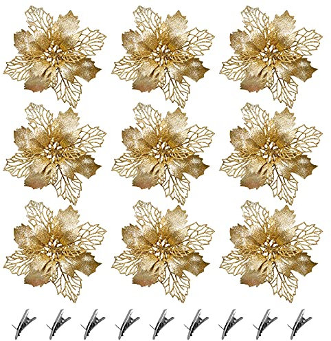 9 Pièces Fleurs de Artificielles Paillettes pour Sapin de Noël,Fleurs de Dorées Poinsettia Artificielles de Noël avec 9 Clip,pour Couronnes d'arbres de Noël Ornements Fête Mariage Décoration Artisanat