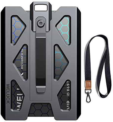 WELUCK Ausweishalter, robustes Aluminium, 4 Karten/Ausweishalter mit Umhängeband und Metallclip, für Büro, Arbeit, Polizei, Geschenk im Freien (Black01)