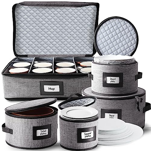 Fine China Storage Containers, 5 Piece Quilted Dish Storage Containers, Mug, Cup, and Plate Dish Organizer with Felt Dividers, Service of 12 Dinnerware Boxes for Moving, Seasonal Organization, Grey