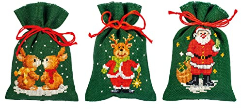 Vervaco Zählmusterpackung Stickset Säckchen Weihnachten 3er DIY Gezählter Kreuzstich Stickpackungen Basteln Erwachsene Kreativ Set 8 x 12 cm Stickset für Anfänger Stoffbeutel zum Sticken