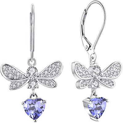 JO WISDOM Damen Hängende Ohrringe Schmetterling Silber 925 mit Herz 3A Zirkonia Kristall Dezember Geburtsstein Tansanit Farbe,Schmuck für Frauen