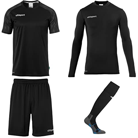 uhlsport REACTION GOALKEEPER SET Torwart Torhüter Fußball Set aus Shirts, Shorts, Baselayer und Fußballsocken/Stutzen, komplettes Set für Erwachsene und Jugendliche - schwarz/anthra - Größe L