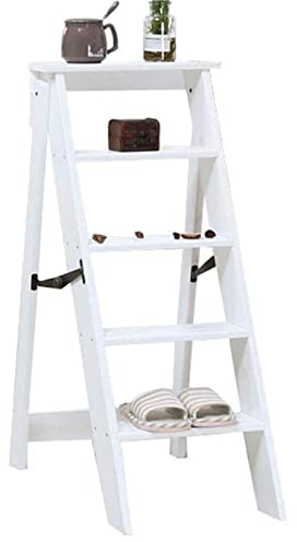 Hamankim Weißes Klappleiter-Stuhlgestell für Bibliothek, Küche, Büro, Holz, Tritthocker, multifunktional, beweglich, 5 Stufen, Leiter, Sicherheit, rutschfest, 150 kg Tragfähigkeit