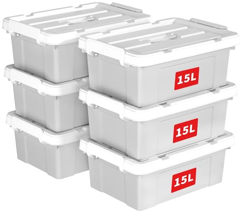 Cetomo 15L*6 Caja de Almacenamiento con Asa, Caja de Plástico con Tapa y Cierre Seguro, Contenedor de Almacenamiento, Duradera, Apilable, Resistentes, Gris, Paquete de 6 de 15L
