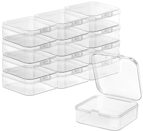 12 Stück kleine Aufbewahrungsboxen mit Deckel aus Kunststoff, 6 × 6 × 2 cm | Transparente Einzelboxen mit Schnappverschluss für Perlen, Schmuck, Schrauben und Bastelmaterial; kompakt und beschriftbar