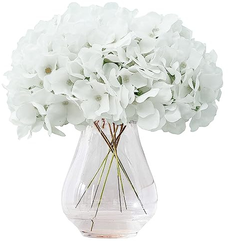 Kislohum Fiori artificiali di ortensia, 10 fiori di ortensia finti in seta bianco puro, per centrotavola nuziali, mazzi di fiori, decorazione fai da te, decorazione per la casa, con steli