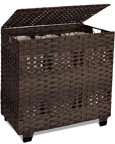 OIAHOMY Laundry Hamper with Lid, 140L Clothes Hamper with 3 Removable Liner Bags, Foldable Basket with Lid, Synthetic Wicker Laundry Basket for Bedroom, 27x 13 x 26 Inches, Brown