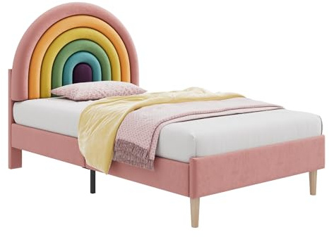 Azkoeesy Mädchenbett, Einzelbett, Kinderbett, 90x200 cm, Rosa, Samtstoff, Polsterbett mit Lattenrost, Regenbogen-Kopfteil, Metallbeinen