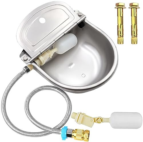 Automatic Animal Water Bowl with Float Valve, 304 Stainless Steel Livestock Water Dispenser for Dog Horse Goat Pig Cow Livestock Water Bowl Kit Includes Bowl, Pipe, 2 Valves, Quick Connector Adapter