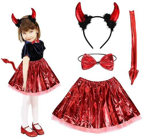 Meleager Costume da Diavolo Ragazza, Halloween Bambina, 4 Pezzi Set Con Gonna Rossa, Fascia Con Corno, Papillon e Coda
