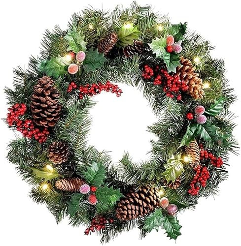 Pre Lit Christmas Wreaths for Front Door with Lights, Natural Pine Cone and Berry Light Up Artificial Wreaths for Window Fireplace Wall Decor Indoor Outdoor Home Christmas Decor (40cm/16inch)