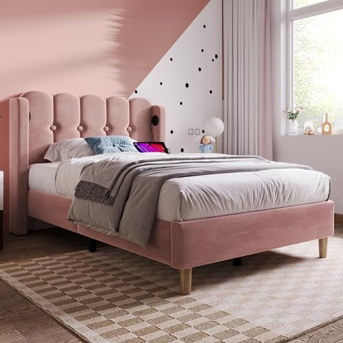 HESHU Polsterbett Einzelbett 90x200 cm, Kopfteil mit USB Typ C, Bettgestell mit Lattenrost, Jugendbett Erwachsenenbett, Leinen, Rosa, ohne Matratze