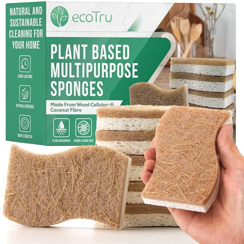 ecoTru 6 Pack Natural Washing Up Sponge, UK Brand Eco Friendly Kitchen Dish Cleaning Sponges, Compostable Cellulose & Coconut Eco Sponges & Scourers, Biodegradable Non Scratch for Heavy Duty Scrubbing
