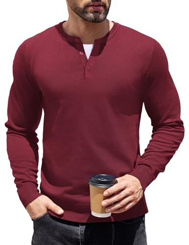 COOFANDY Henley tröja finstickad långärmad ledig stickad tröja knappslå affärströja herr tröja med knappar, Vinröd, L