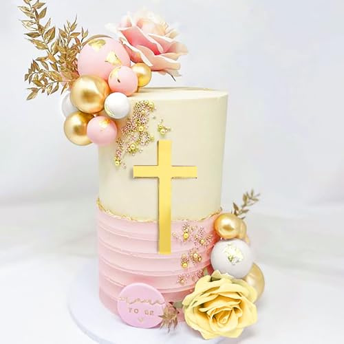LaVenty Cross Cake Topper Pink White Cake Decorations Rose Cake Toppers | Baptism Cake Topper Baby Shower Cake Decorations Wedding Cake Decoration Palm Leaves Cake Decoration