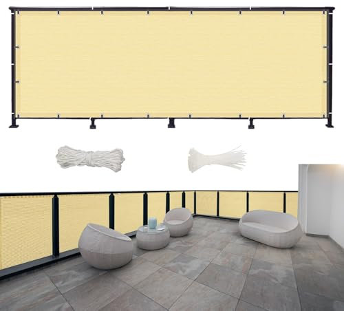 Balkonbespannung Nach Mass 150 x 80 cm Wind- Und Uv-Schutz Wetterfest, Blickdichte Balkonumspannungen Balkonabdeckung, mit Kabelbinder Und Kordel, für Balkon Zaun Garten, Sandgelb