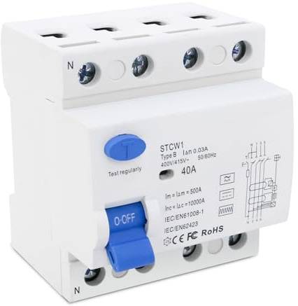 JAOGAUS FI Circuit Breaker 40A 30mA 4 Pole, Type B RCD, 400/415V, 50/60Hz, 10kA Switching Capacity