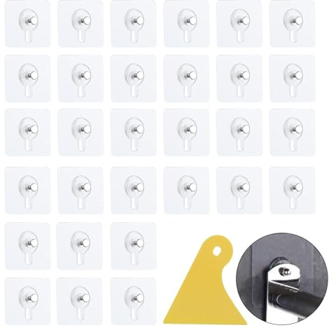 Set di 30 ganci autoadesivi, resistenti, ganci adesivi per quadri, senza chiodi, trasparenti, con 1 raschietto in plastica per soggiorno, camera da letto, bagno, cornici da parete, decorazioni