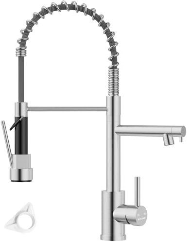 BLYLUND Kitchen Sink Mixer Tap with Two Spouts, Commercial Single Handle Kitchen Sink Taps SUS 304 Stainless Steel 360 Degree Rotation with Pull Out Sprayer