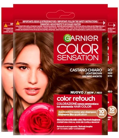 Garnier Color Sensation Color Retouch Permanente Haarfarbe, deckt 100 % des weißen Haares ab, einfache Anwendung, Farbe Hellbraun – 3 Farben