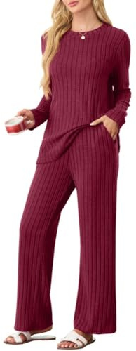 PrinStory Pigiama da donna lungo pigiama da donna a coste, morbido lounge set girocollo, maniche lunghe, pigiama e pantaloni pigiama con tasche