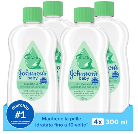 Johnson's Baby Olio Aloe Vera 4 x 300 ml, Olio neonato idratante per la pelle delicata, Johnson's Baby Oil con Aloe Vera per aiutare ad alleviare la secchezza, Dermatologicamente testato
