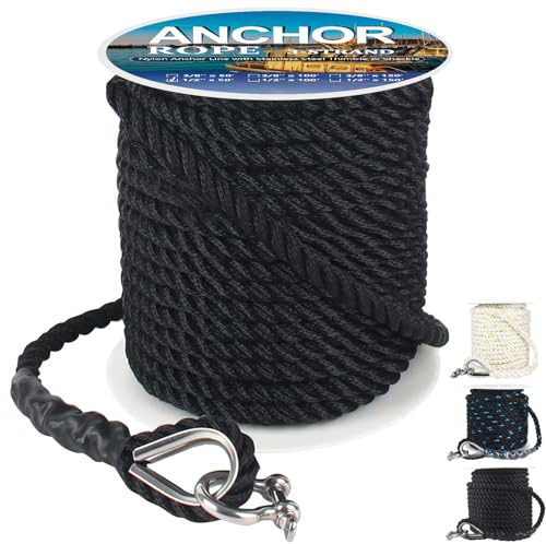 Anchor Rope 50 ft X 1/2 inch, 3-Strand Twisted Nylon Anchor Line, Boat Rope with Stainless Steel Thimble and Shackle for Boating, Anchoring, Mooring,Pulling (Black)