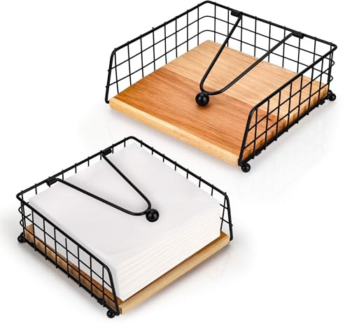 Aramanara 2 Pcs Black Metal Napkin Holders for Tables, Square Serviette Holder with Weight Arm, Flat Napkin Tray with Wooden Base for Home Kitchen Restaurant Hotel Bar Outdoor