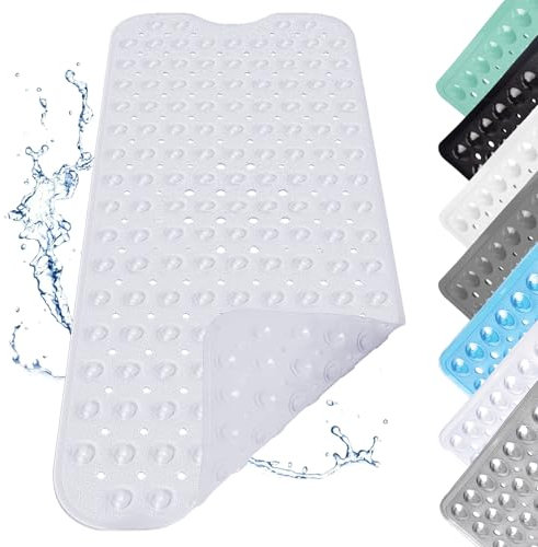 Alfombra de Ducha Antideslizante, 100x40cm con Ventosas, Alfombrilla de Baño Antideslizante Larga, Alfombrilla de Ducha con Agujeros de Drenaje, Diseño de Guijarros, Blanco Transparente