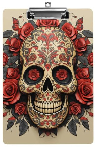 Planches à pince légères en plastique avec motif tête de mort en sucre rose rouge avec clip discret taille lettre standard pour enseignant, fournitures de bureau