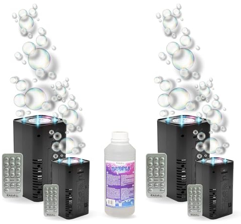 Ibiza - Packung mit 4 Seifenblasenmaschinen Ibiza LED Bubble-Dream mit Fernbedienung – 1 l Seifenblasen-Flüssigkeit – Party Hochzeit Taufe Abend