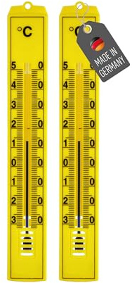 Lantelme - Conjunto de 2 termómetros de jardín amarillos, con pantalla de temperatura de -30°C a 50°C | Termómetro analógico de plástico de 18 cm, resistente a la intemperie para exterior, interior y
